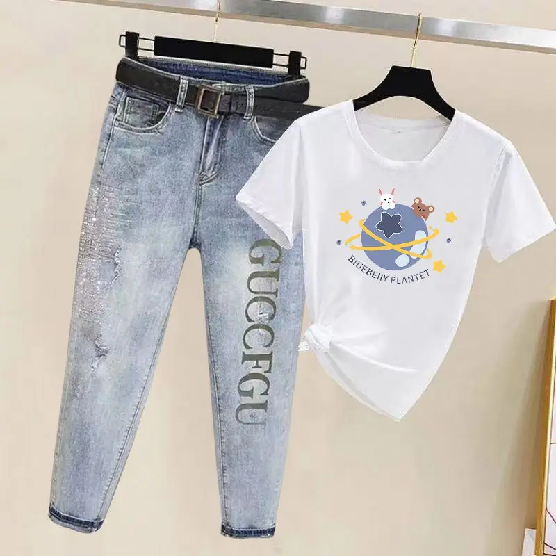 Spring/Summer 2023 New Letter Loose Slim Small Feet Haren Pants+Fashion Korean Short Sleeve T-shirt Jeans Two Piece Set