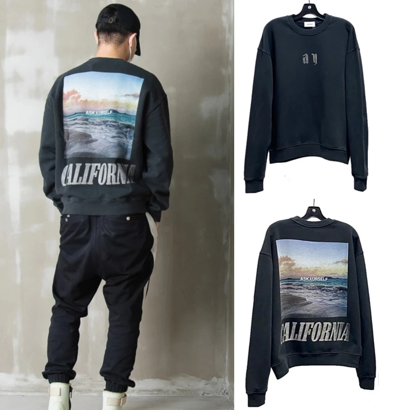 

Washed Black ASKYURSELF Hoodies California Wave Print Crew-neck Hoodie Men Women Streetwear High Quality Sweatshirts ASK Hoody