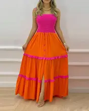 

Womens Boho Casual Color Matching Ruffles Robe Women 2022 Summer Lightweight Lace Up Long Pleated Button Split Dress