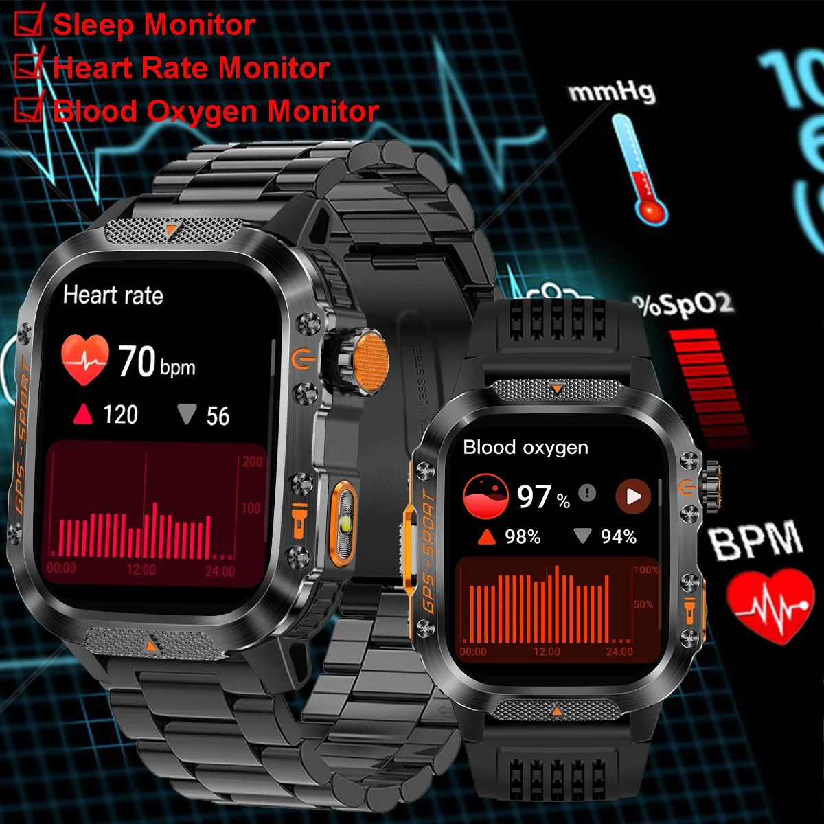 COANR 새로운 군용 야외 스포츠 GPS 스마트 시계 내장 GPS 나침반 압력 LED 손전등 무선 통화 스마트워치 남성용