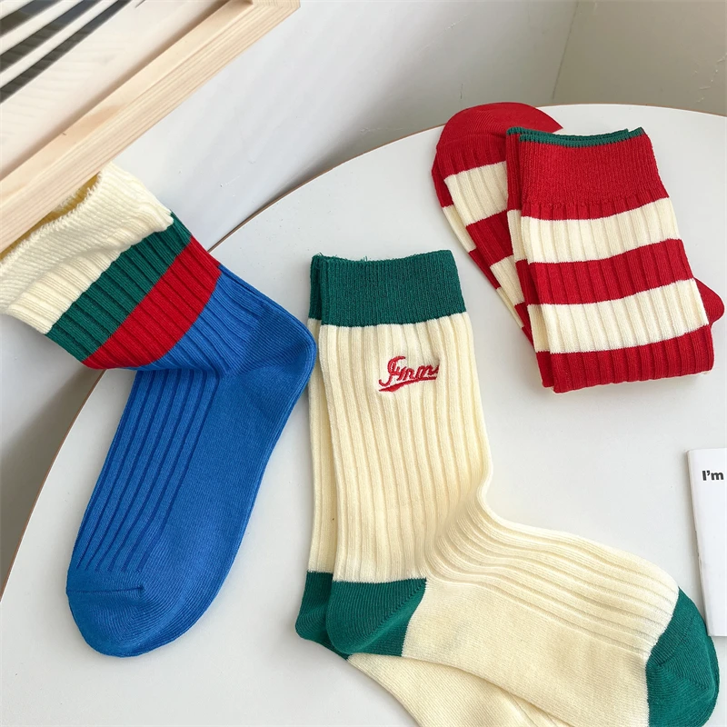 

Socks for Women New Fashion Autumn Striped Cotton Long Socks Breathable Soft Korean Style Cute Embroidery Girls Casual Socks