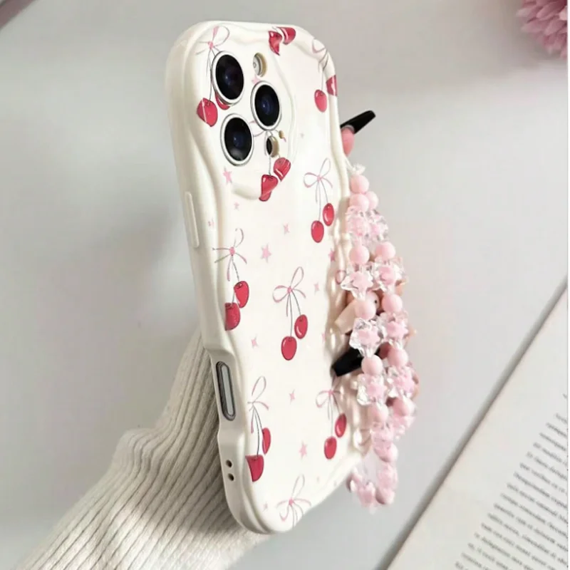 Red Cherry Bow Wavy Cream-Edge iPhone Case with Pink Beaded Strap - Image 4