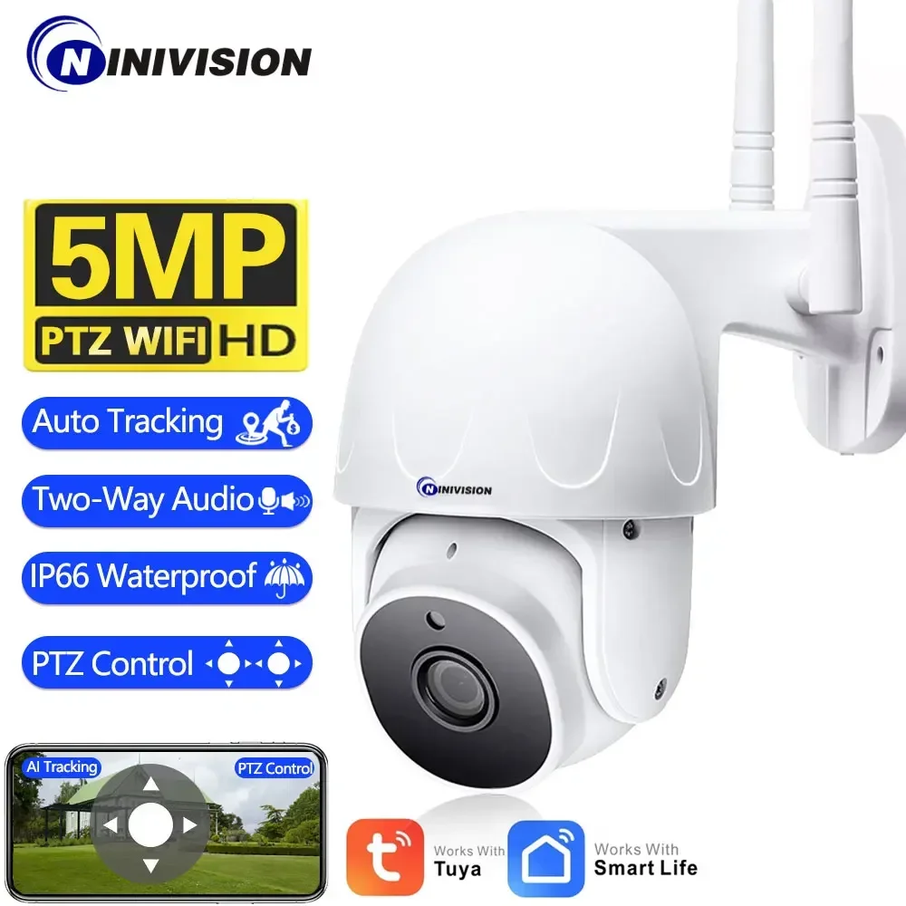 5MP Tuya Smart Wifi IP Camera Two-Way Audio Auto Tracking Wireless Security Cam Outdoor Street Home PTZ CCTV Surveillance Camera