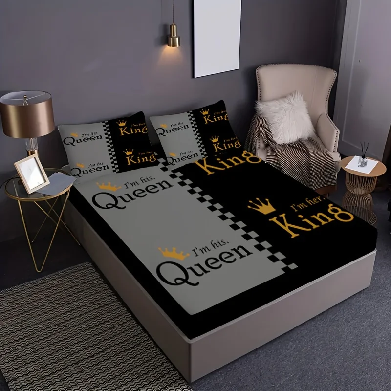 Queen King Golden Crown Couple Print Fitted Sheet Set 1* Fitted Sheet+2*Pillowcases Mattress Cover Soft Breathable Bedding Set 5
