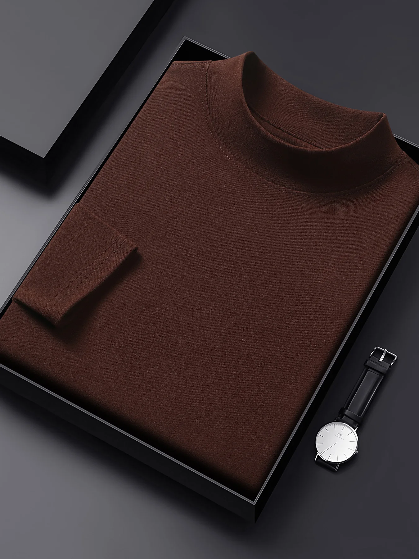 New Autumn Retro Long Sleeve Mens Casual Solid Color Top Mock Neck Slim Versatile Work T-shirt Unisex Breathable Outdoor Tee