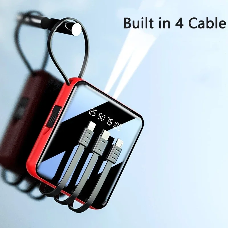 20000mAh 미니 파워뱅크 마이크로 USB 타입 C 케이블 휴대용 충전기 LED 미러 파워뱅크 외장 배터리 팩