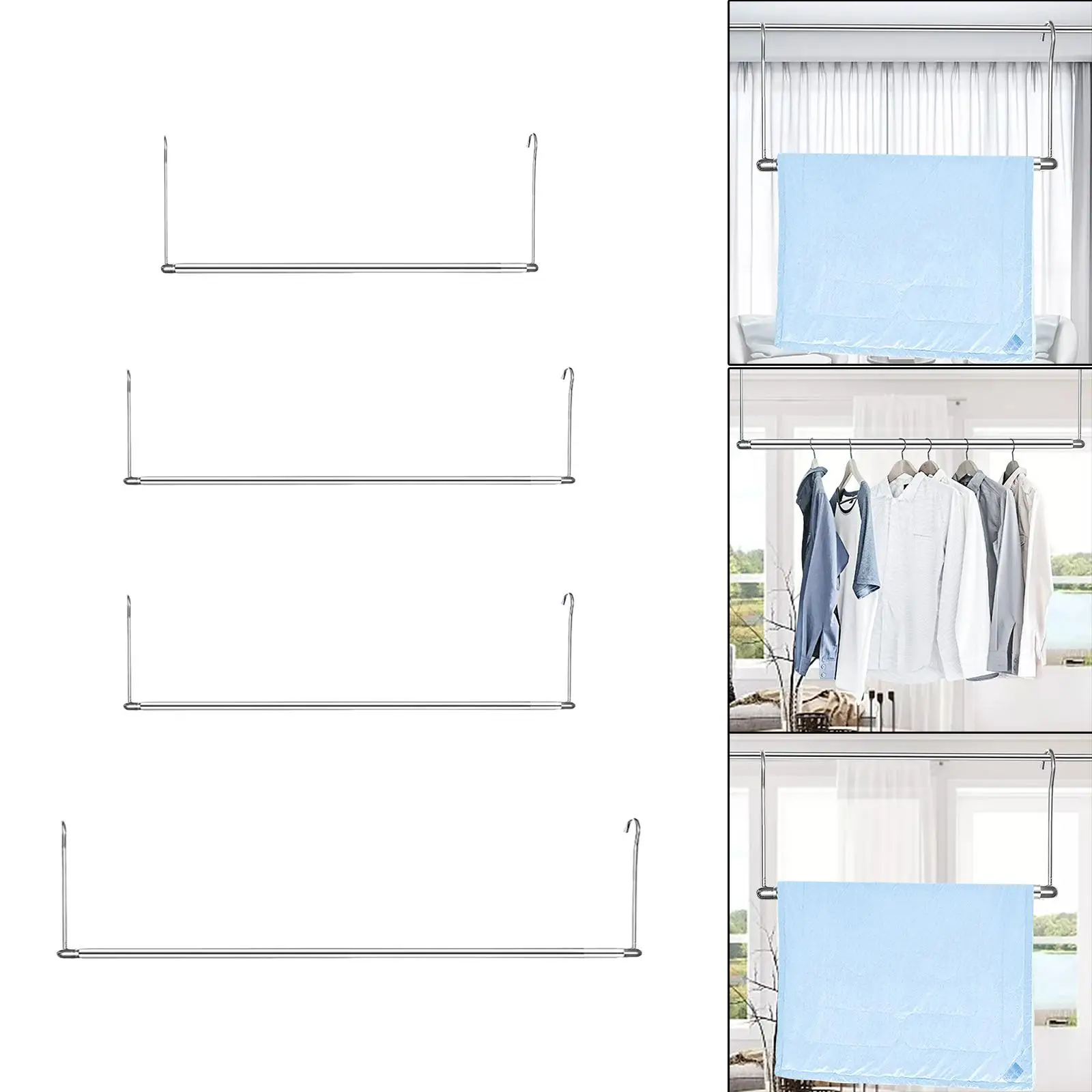 Telescopic Clothing Rod Clothes Drying Rack with Hooks for Laundry Room Home