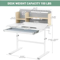 39in Wide Adjustable Height Kids Desk with Tilting Desktop, Steel Frame, Drawer, and Bookshelf Hutch, Study Child Table 2