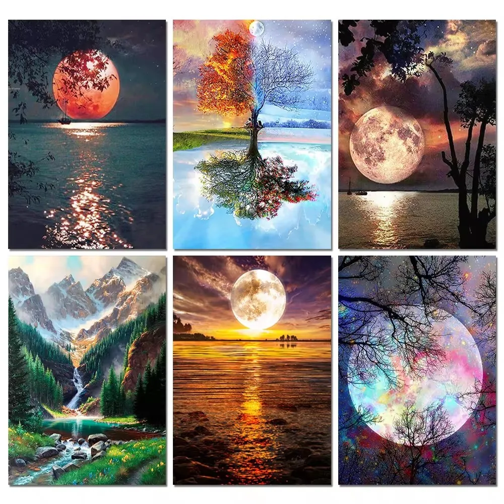 Diamond Painting New DIY 5D Diamond Painting Moon Tree Full Round Mosaic Landscape Flower Diamond Embroidery Art Rhinestone for Home Decor