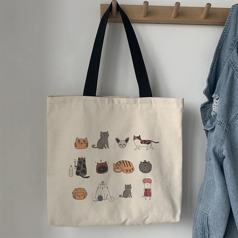 

Cute Cartoon Cats Canvas Bag for Girl Women Cloth Shoulder Bag with Zipper Reusable Grocery Shopper Bag Beige Eco Handbag Tote