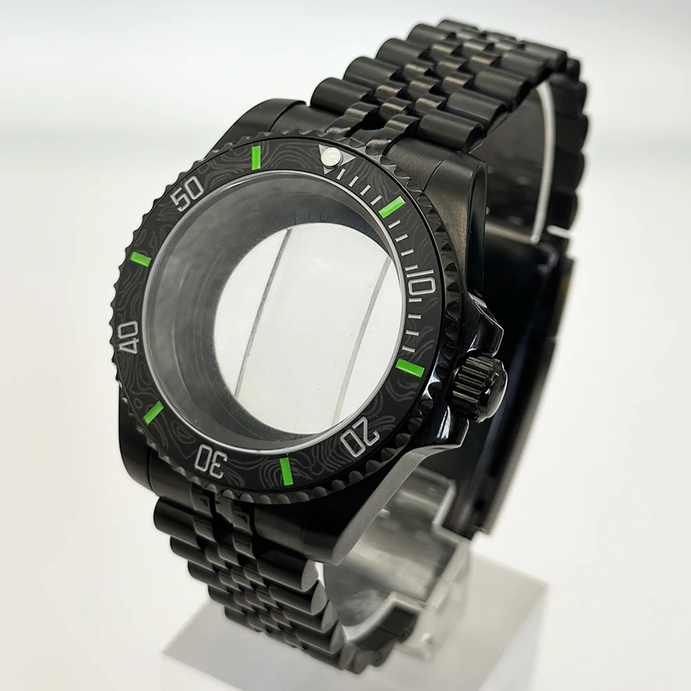 Sleek Black Watch Case with Carbon Fiber Bezel and Sapphire Mirror
