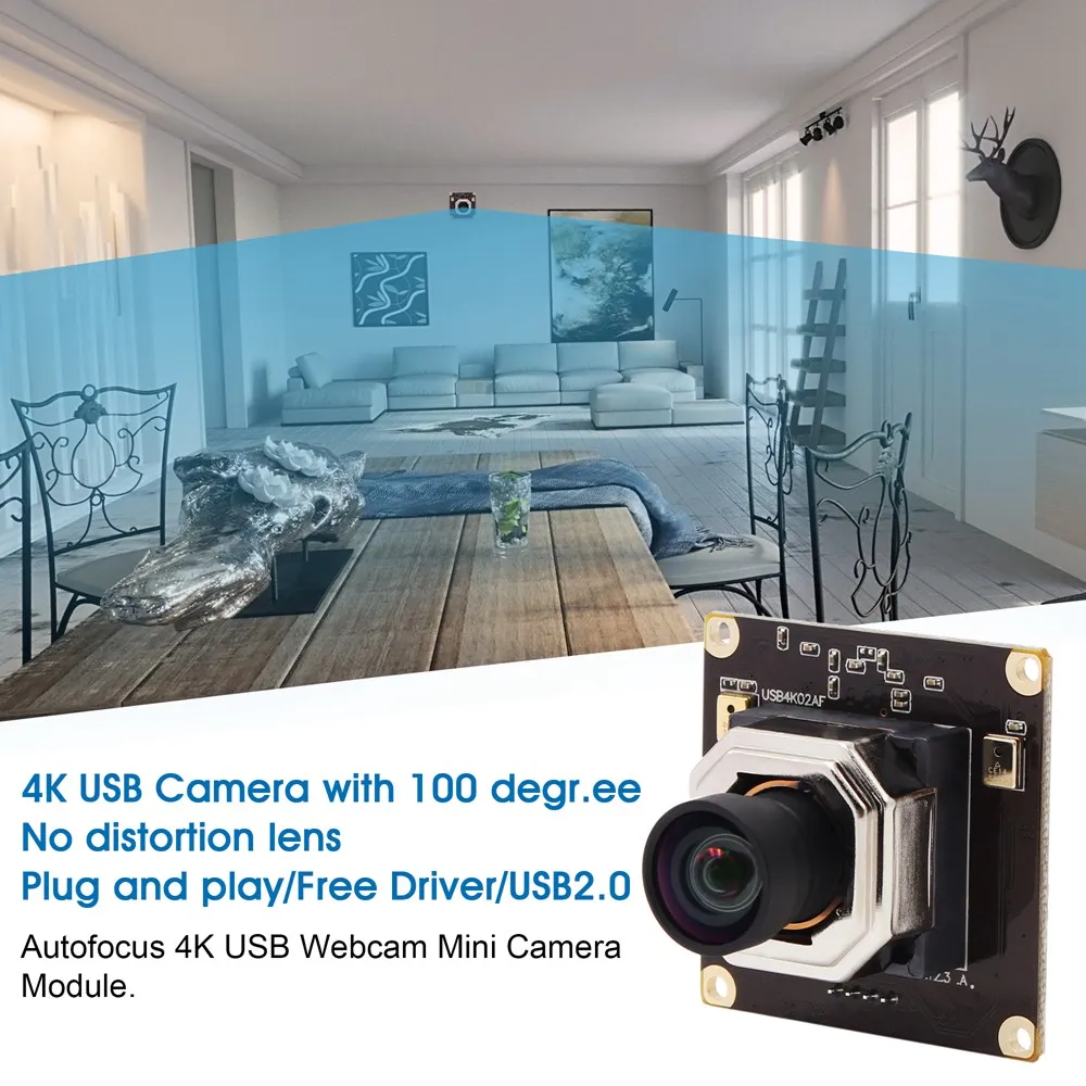 ELP 4K USB 카메라 자동 초점 무 왜곡 렌즈, IMX415 웹캠 모듈 마이크, 화상 회의 온라인 교육용, 100 도