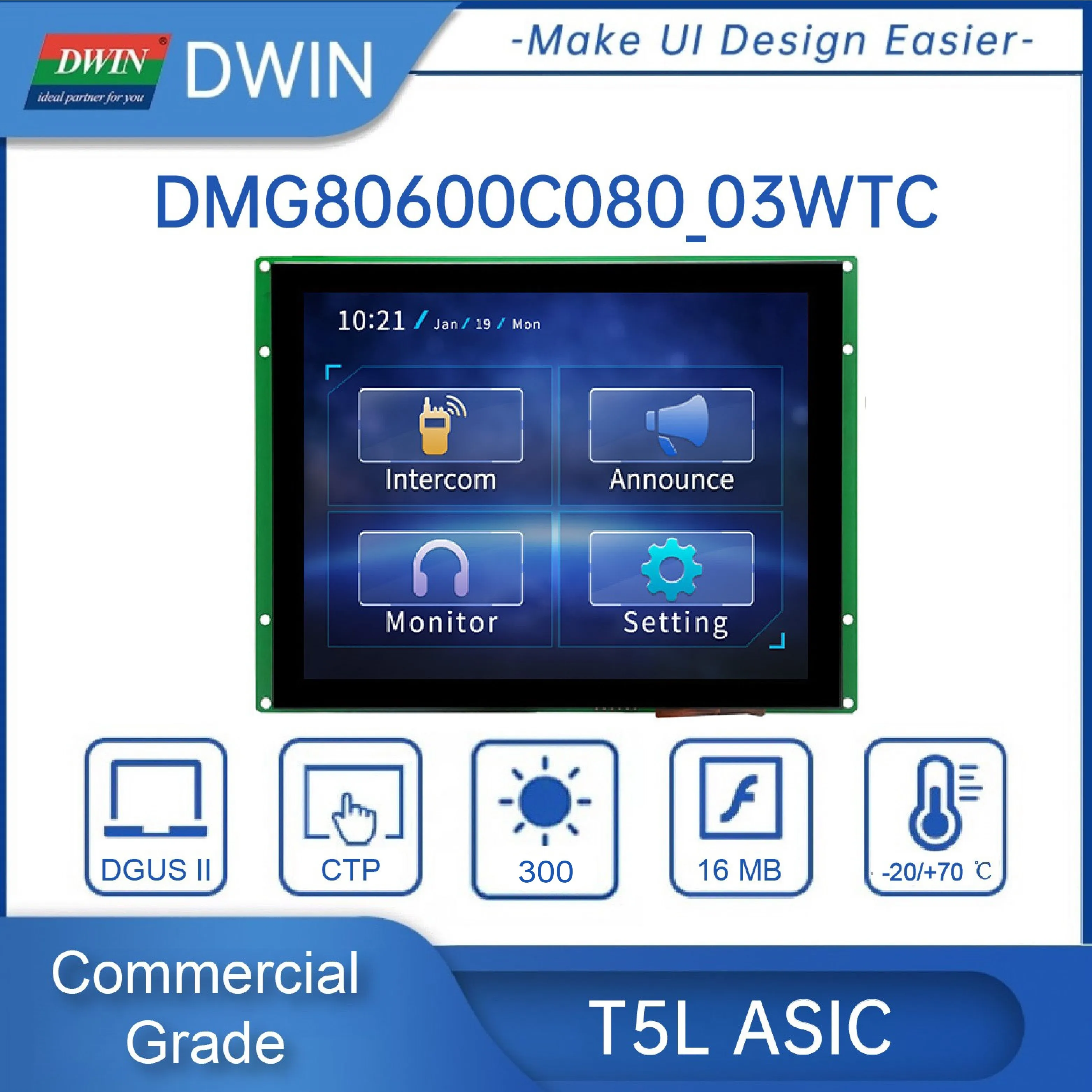 8 Inch 800x600 UART Serial Port Display RS232/TTL Interface TFT LCD Module HMI Touch Screen for Arduino DMG80600C080_03W