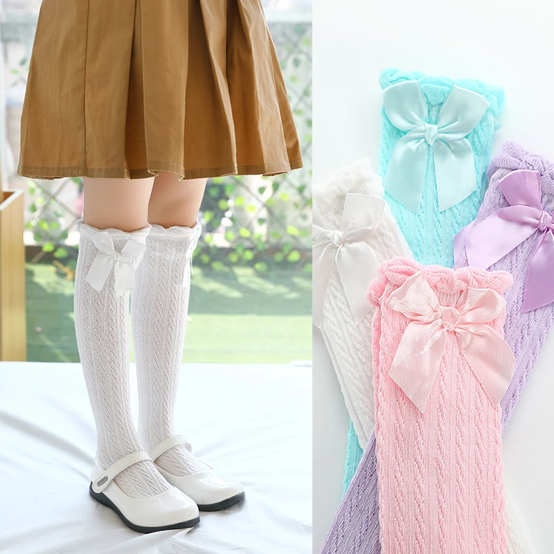 1-12 세 소녀 어린이 귀여운 공주 단색 레이스 나비 넥타이 패치 워크 무릎 높이 긴 양말, 소녀 무릎 양말  아이 양말
