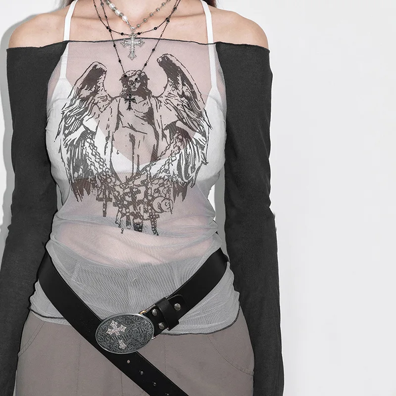 Fashion Knitted Mesh Character Print Graphic T Shirts Casual One-Piece Neckline Long Sleeve Women Clothes See-Through Y2k Top