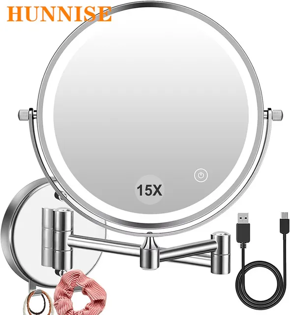 Touch Led พับกระจกห้องน้ําติดผนังอุปกรณ์ห้องน้ํา 5X แว่นขยายแต่งหน้ากระจก Double Face Led Bath กระจก 1