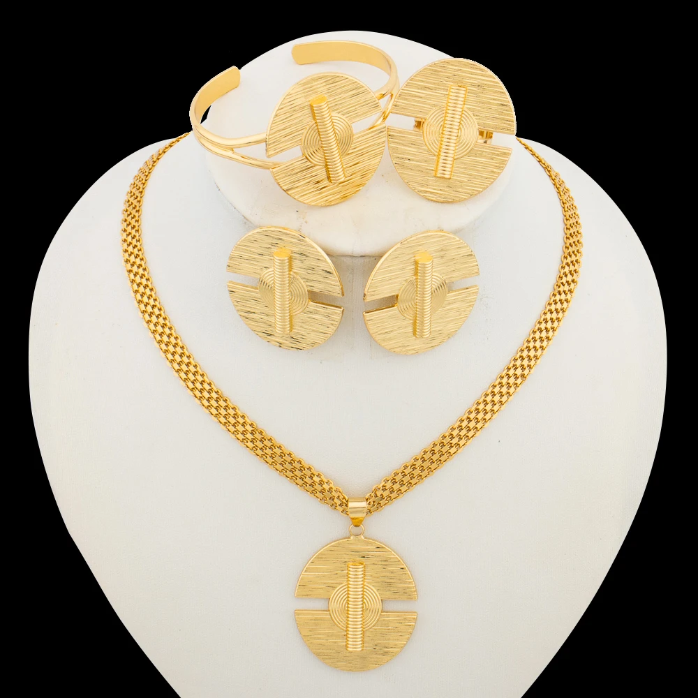 

Dubai Gold Plated Jewelry Set for Ladies Pendant and Earrings with Bangle Ring Set for Party Bride Necklace Bracelet Jewellery