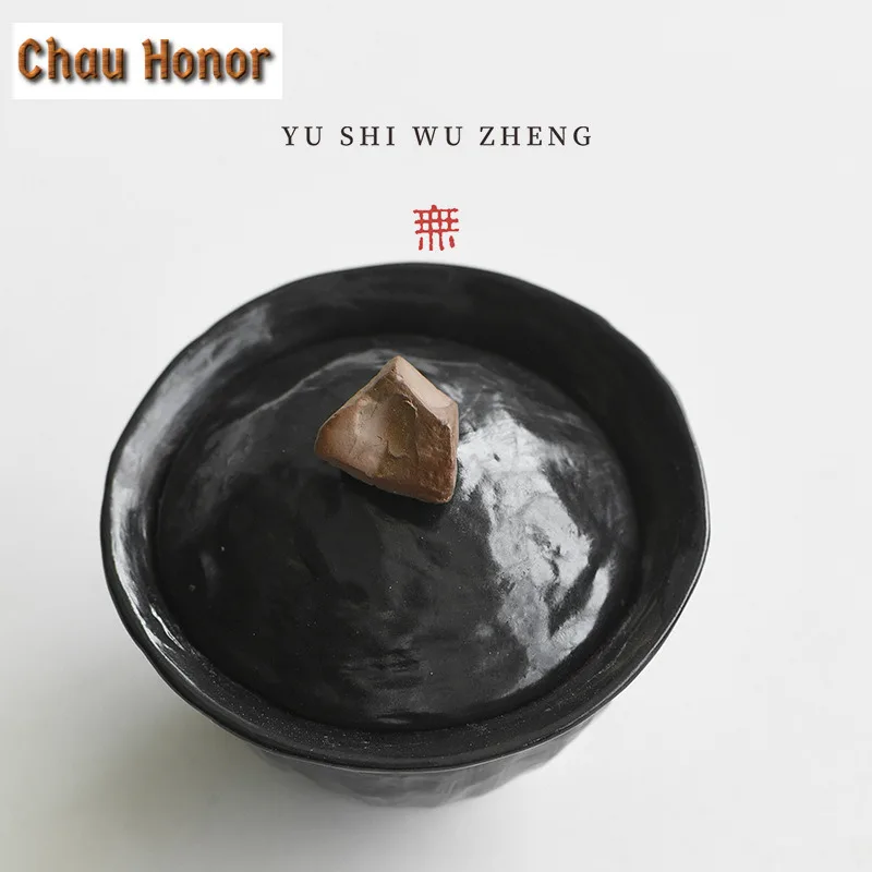 120ml Handmade Wabi-sabi Black Coarse Gaiwan Vintage Tea Tureen Tea Bowl with Lid Kit Tea Making Cover Bowl Drinkware Ornaments
