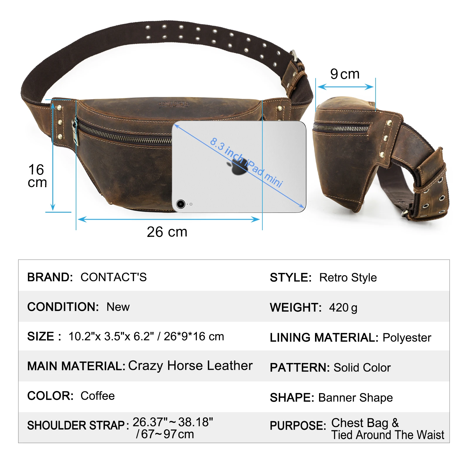 CONTACT'S Genuine Leather Waist Bags Crazy Horse Leather Men Waist