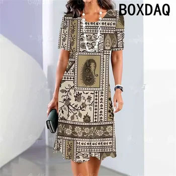 Summer Woman's Short Sleeves Dresses Geometric Pattern Print A-Line Dress 3D Retro Elegant Holiday Loose Dress Big Size Vestidos