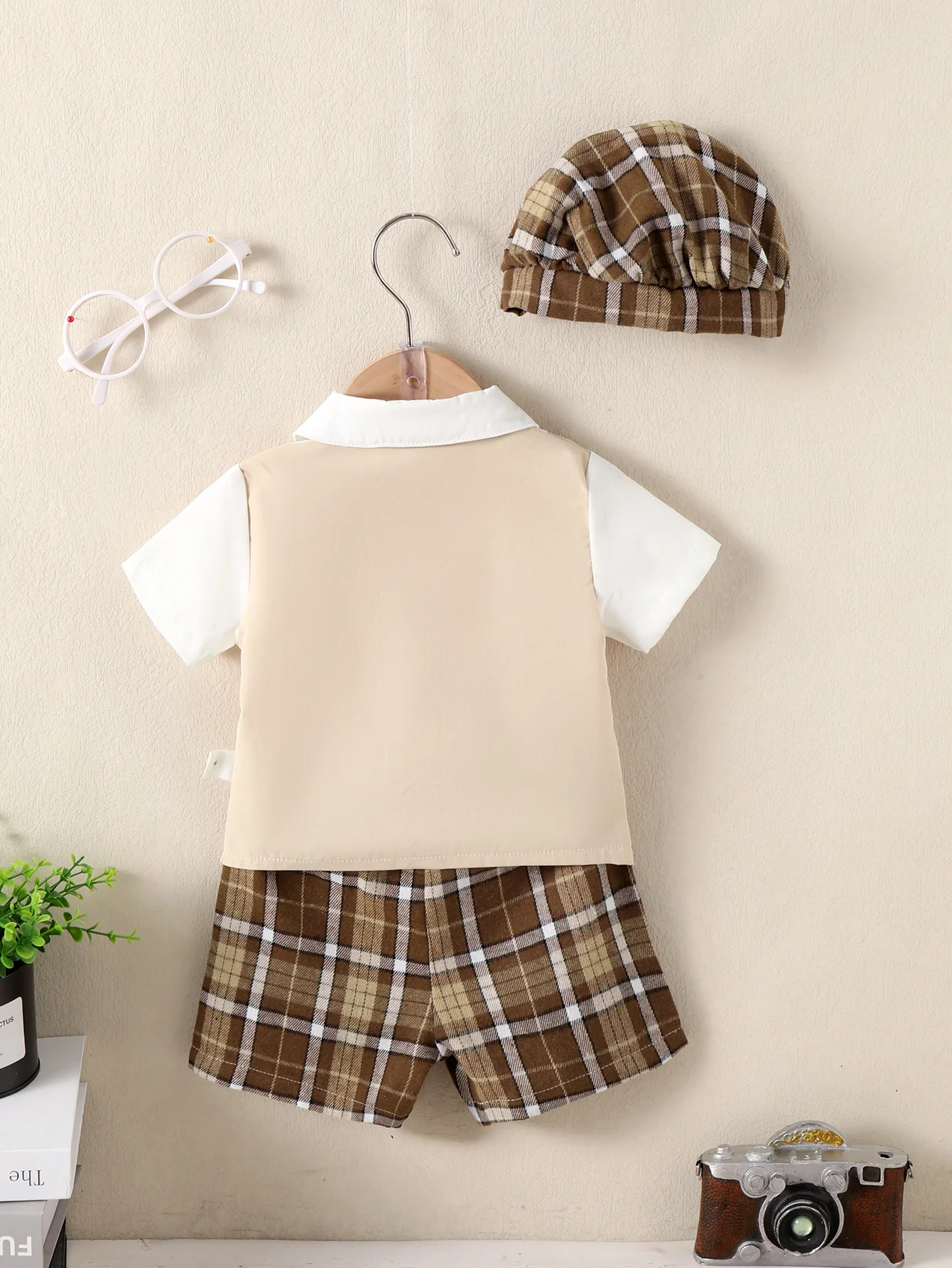 Toddler Baby Boy Summer 3PCS Suit Short Sleeve All-In-One Shirt & Waistcoat + Plaid Shorts + Beret Hat for 0-3Y Newborn Wearing 2
