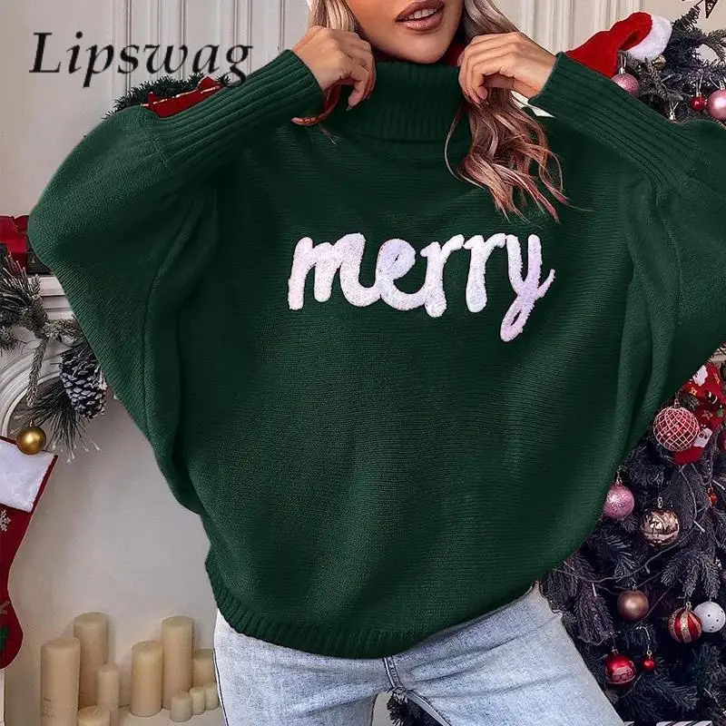 

Рождественская зимняя модная водолазка, свитер, Женский Осенний Свободный Повседневный вязаный джемпер, женский элегантный пуловер с рукавом «летучая мышь», топы