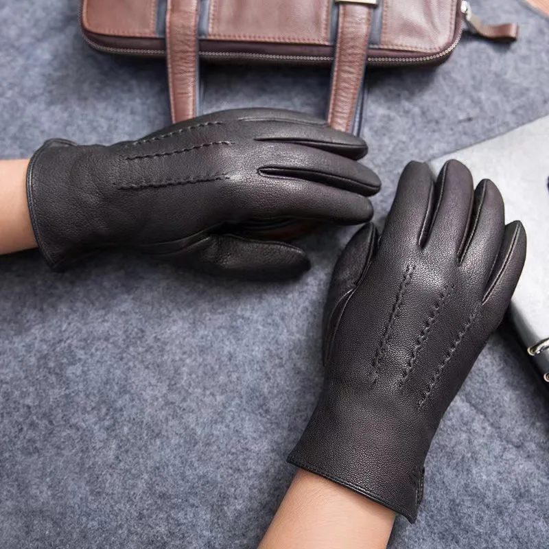 Warm Gloves Leather Gloves Men's Sheepskin Deer Skin Pattern Plush Lining