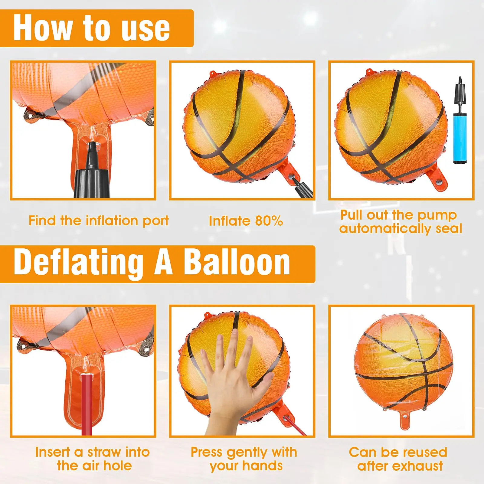 6 Stück 18 Zoll orangefarbene Basketball-Luftballons aus Aluminiumfolie, Basketball-Geburtstagsparty, Sportveranstaltung, Dekorationsballons – Detail 8