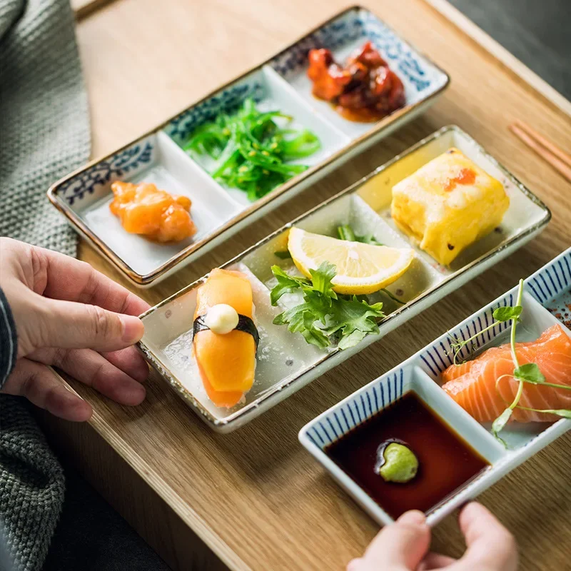 

Japanese-Style Ceramic Hot Pot Restaurant Snack Barbecue Compartment Sauce Three Grid Barbecue Sauce Dish