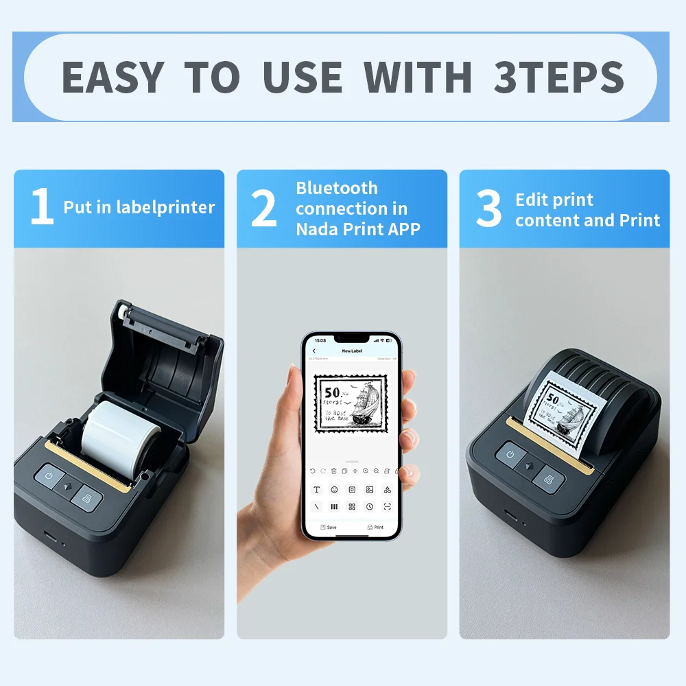 2-inch Portable Thermal Label Printer Bluetooth Barcode Sticker Printer Adhesive Label Maker or Color Cable Transparent Paper
