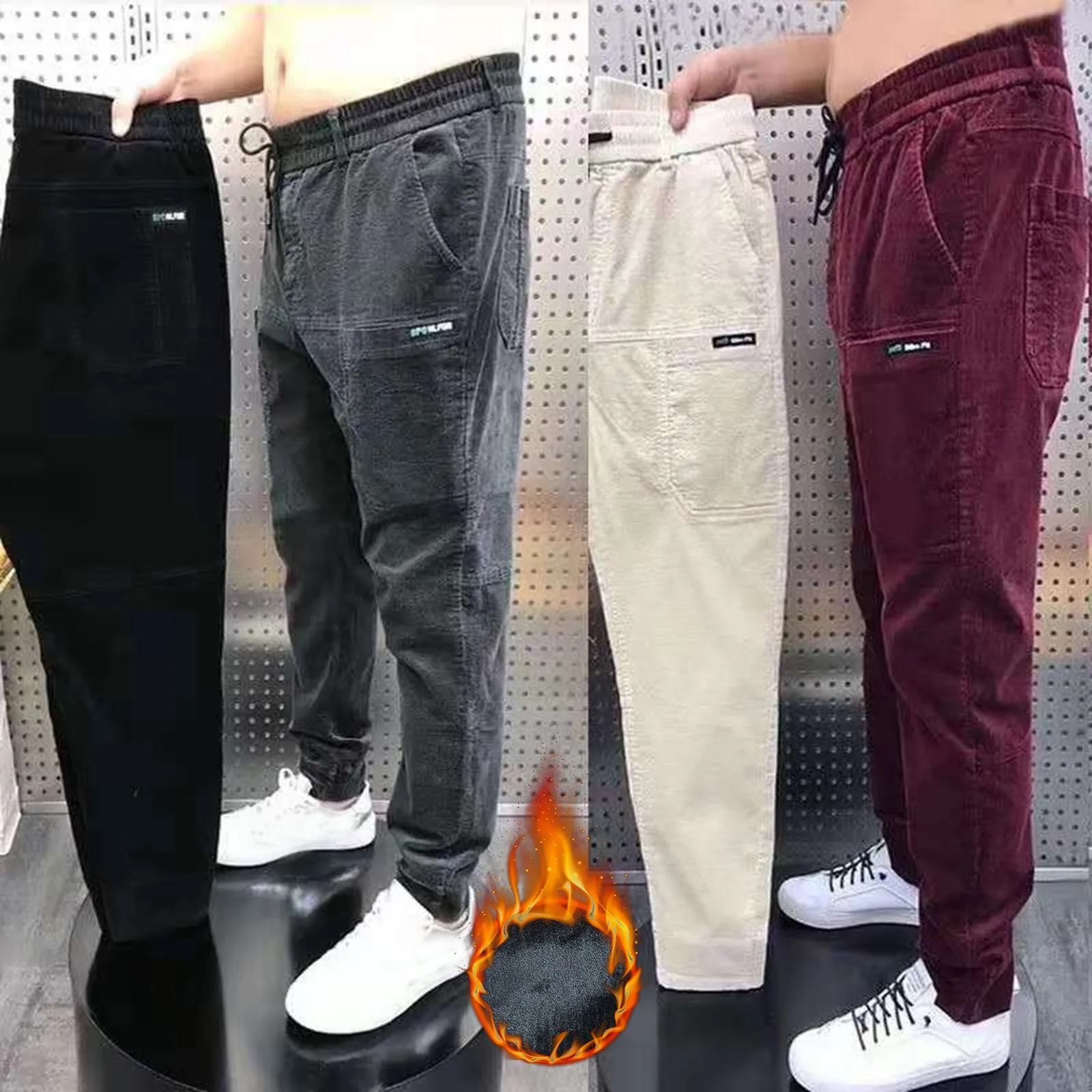 

Men's Fleece Lined Corduroy Pants Elastic Waist Drawstring Thick Sweatpants Vintage Cargo Wide Leg Pants Bottoms Sportswear