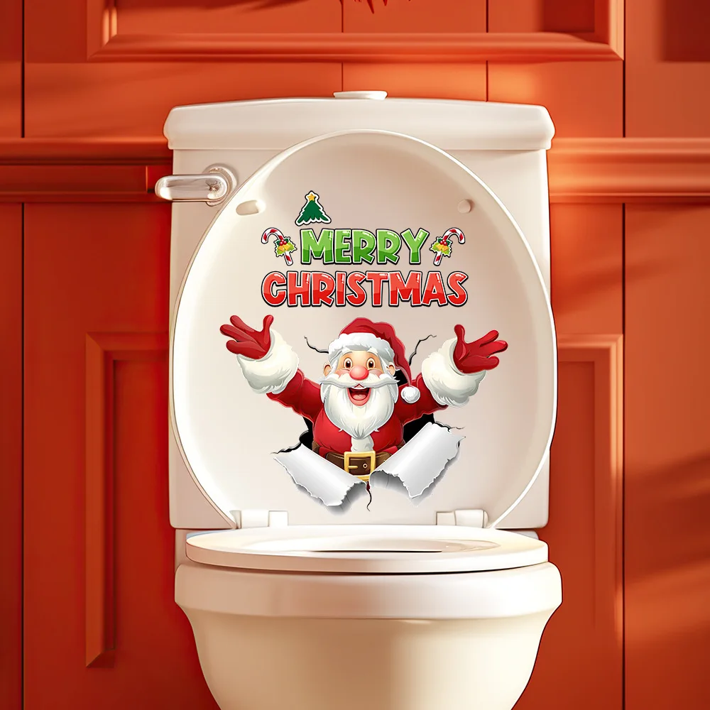 Santa Claus Christmas Toilet Lid Decal Bathroom Decor Sticker Easy Stick-On Reusable & Removable Wall Art for Christmas Gift
