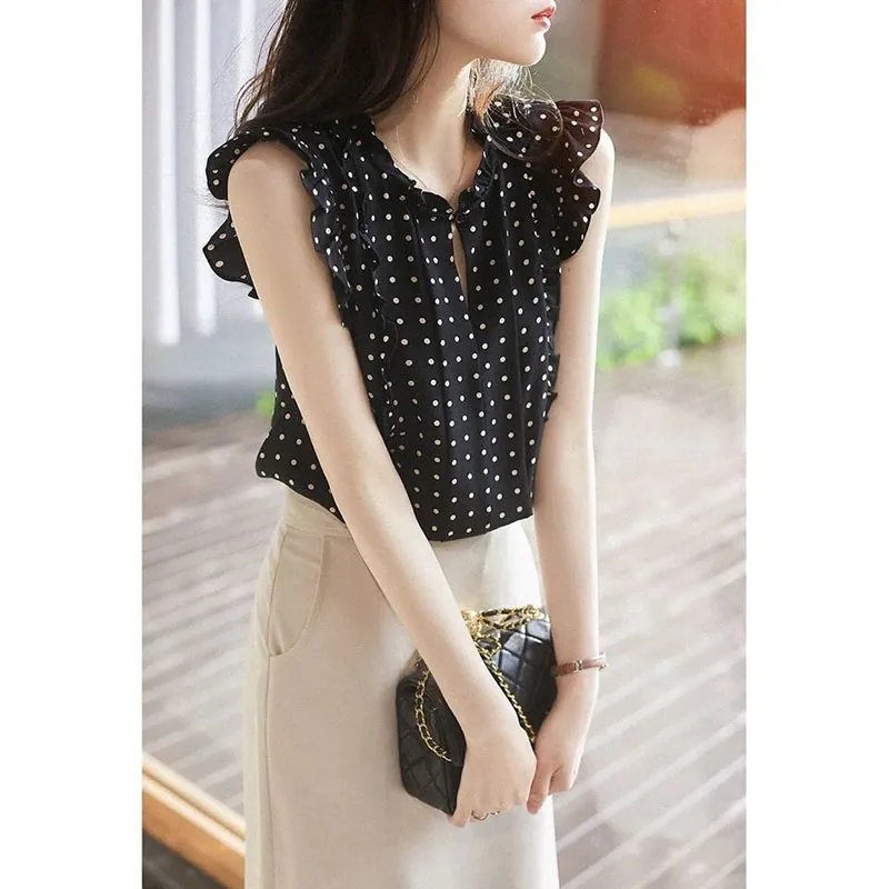 

Vintage Printed Spliced Hollow Out Polka Dot Ruffles Blouse Women's Clothing 2023 Summer New Casual Pullovers Loose Sweet Shirt
