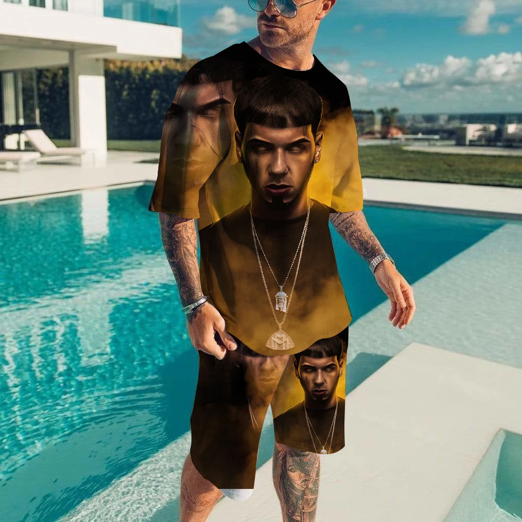 Men T-shirt Sets Rapper Anuel AA 3D Print Fashion Tracksuit T Shirts Shorts 2 Pieces Male Streetwear Oversized Suits Sportswear 3