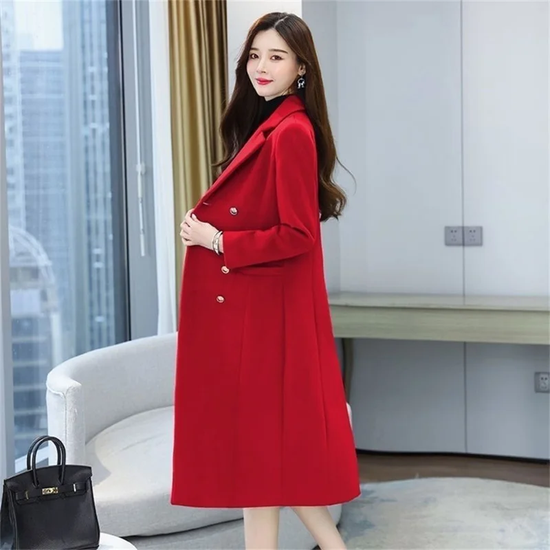 Quick Black Woolen Coat Women's Mid-Long 2021 New Spring Autumn Popular Hepburn Style Red Woolen Coat Femme Jacket Loose Botton
