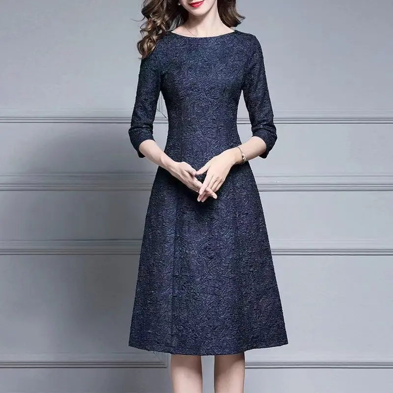 

Spring Clothes Women's Attire with Three-quarter Sleeve Slim A-line Fitting Waistband Jacquard Zipper Elegant Dark Blue Dress