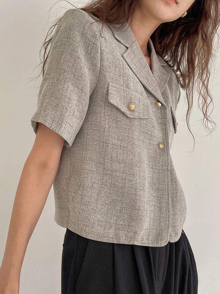 QOERLIN Design Summer New Cropped Blazers Women Elegant Short Sleeve Jacket Ladies Short Coat Chic Notched Single-Breasted Coat