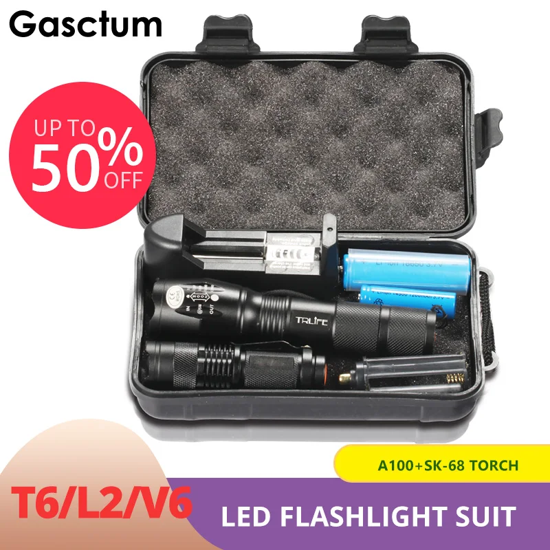 

10000LM LED Flashlight Gift Suit V6 L2 T6 Torch Bright Tactical Zoomable 18650 Rechargeable Mini Penlight 14500 Battery Lights