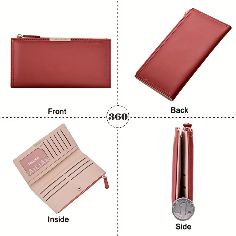 Portafoglio ultra sottile da donna, porta carte di credito con blocco RFID, portamonete lungo da viaggio con cerniera bifold - immagine 2