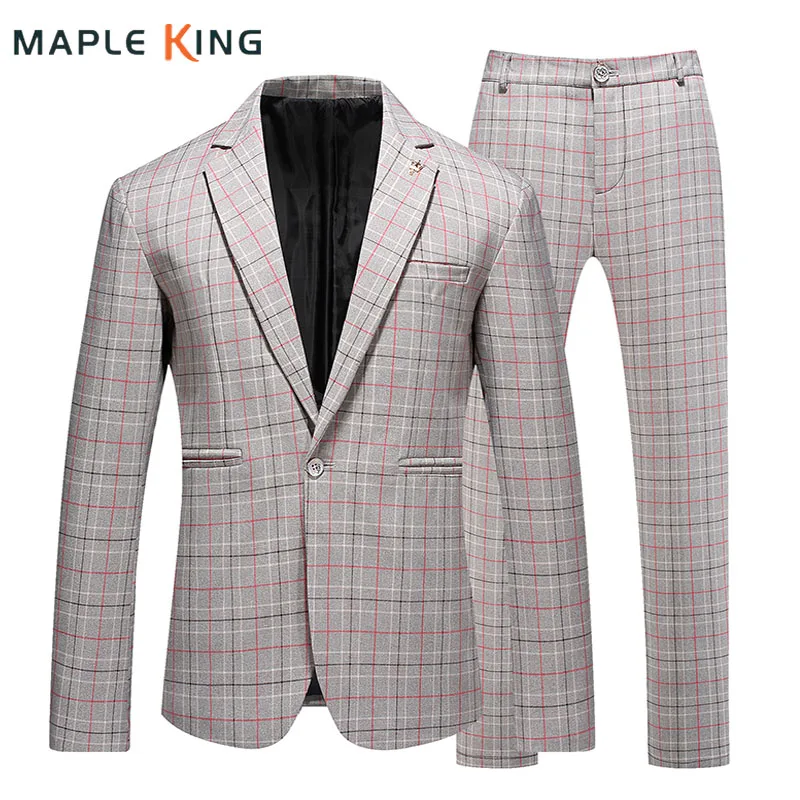 

Mens 2 Pieces Grooms Suit Set For Wedding Dress Blazers + Pants Classic Plaid Business Formal Slim Fit Terno Masculino Completo