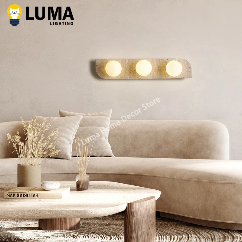 Luma Japanese Yellow Travertine Wall Light Glass Ball Caver Stone Wall Sconce Lamp For Bedside Livingroom Staircase Hallway