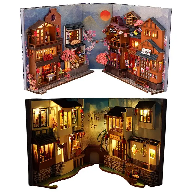 light up 3d wooden puzzles diy book nook dollhouse miniature handmade bookend shelf insert diorama booknook doll house toys gift Booknook Shelf Insert Bookshelf Decor Book Case Decorative 3D Bookend Stand Bookshelf Insert Booknook For Teen Girls Boys Women