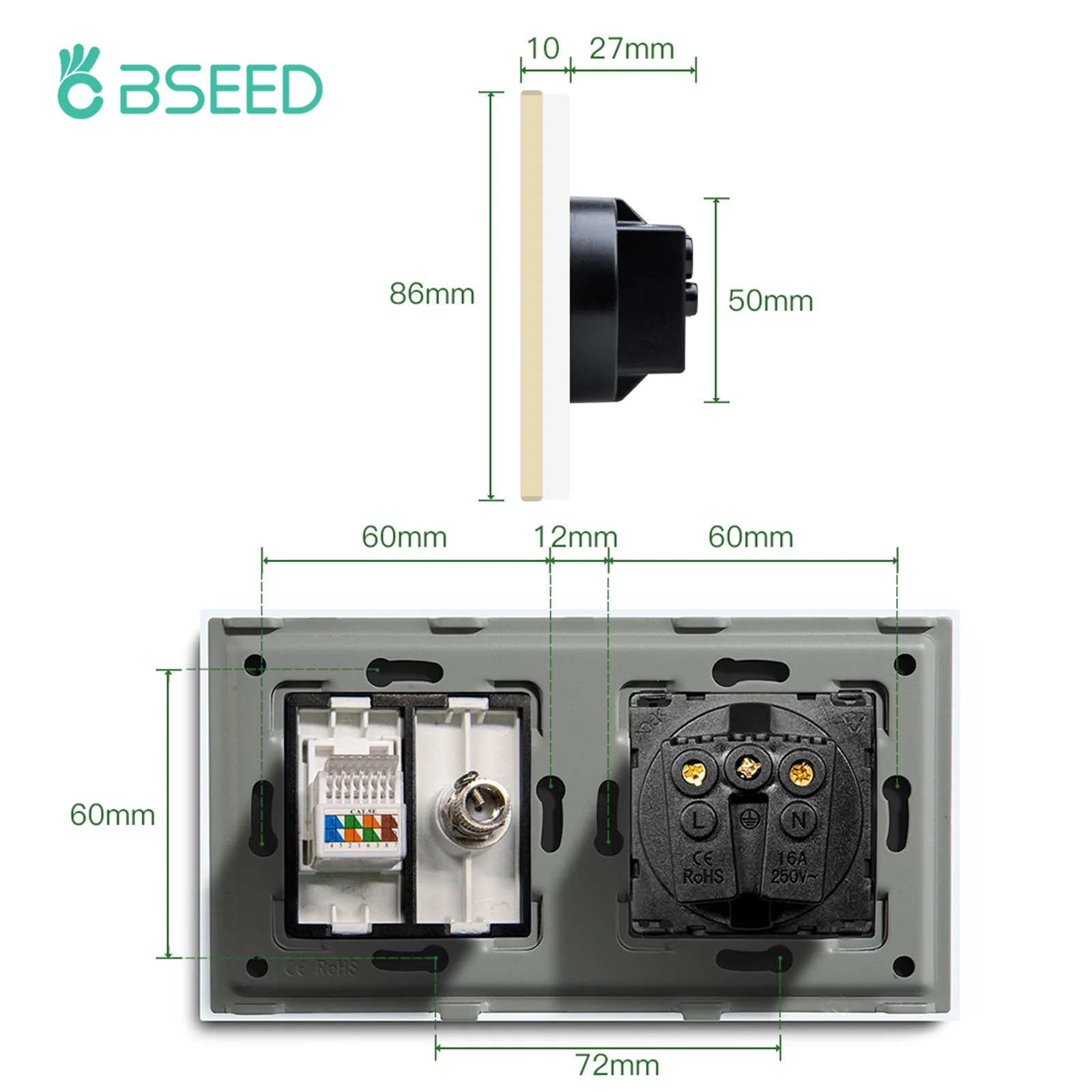 Bseed 유럽 표준 이중 벽 소켓, TV 컴퓨터 플러그 소켓, 크리스탈 유리 패널 포함 트리플 USB C타입 충전 포트