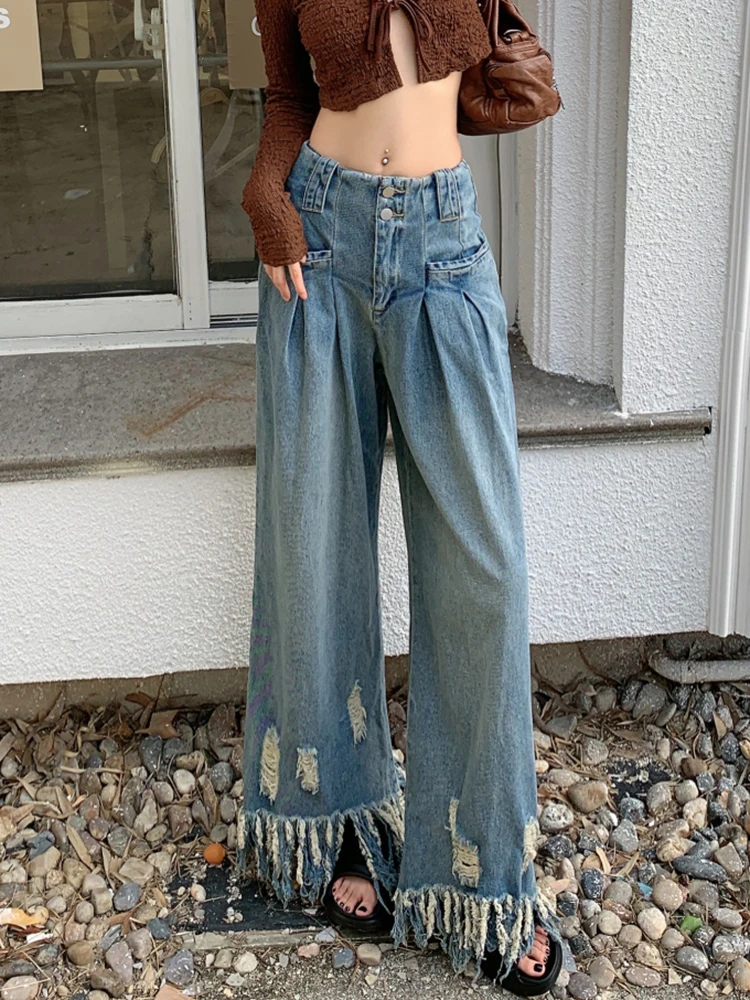 Cargo Pants Wide Leg Jeans Ripped  Vintage Women Pants 2 Buttons Streetwear Holes Pockets Denim Trousers 2000s Clothes y2k