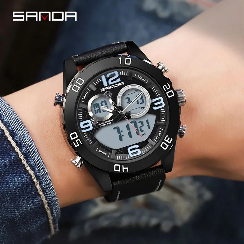 SANDA Watch Luxury Mens Multifunctional Dual Display Watches Sports Chronograph Luminous Alarm Clock Military Watch For Men 772