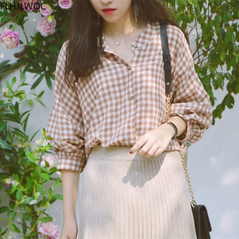 

Женские хлопковые ретро-топы, блузы, осень 2023, Япония, для девочек, корейский дизайн, рубашки в стиле бойфренда, милая винтажная клетчатая Свободная рубашка на пуговицах