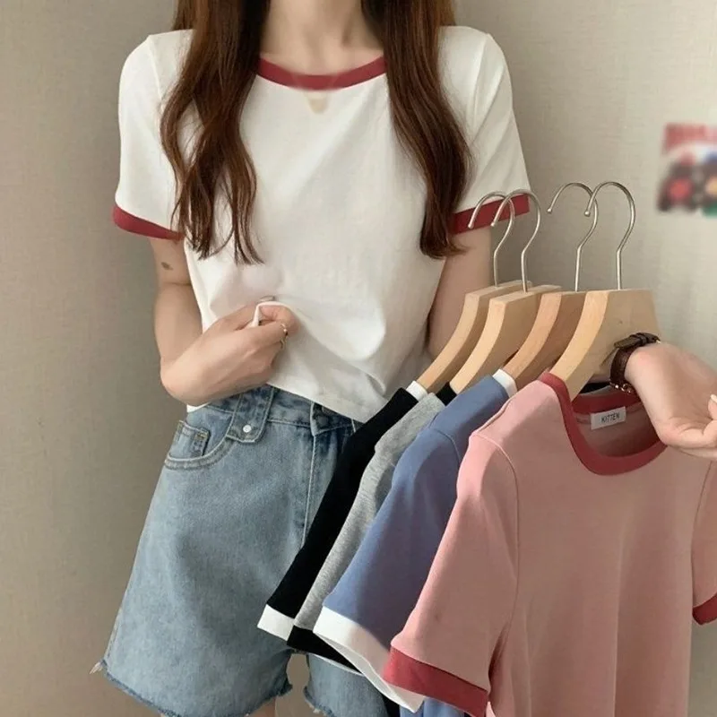 Women's Slim Short Sleeve T-shirt Summer Fashion Contrast Color Round Neck Casual Bottoming Crop Top