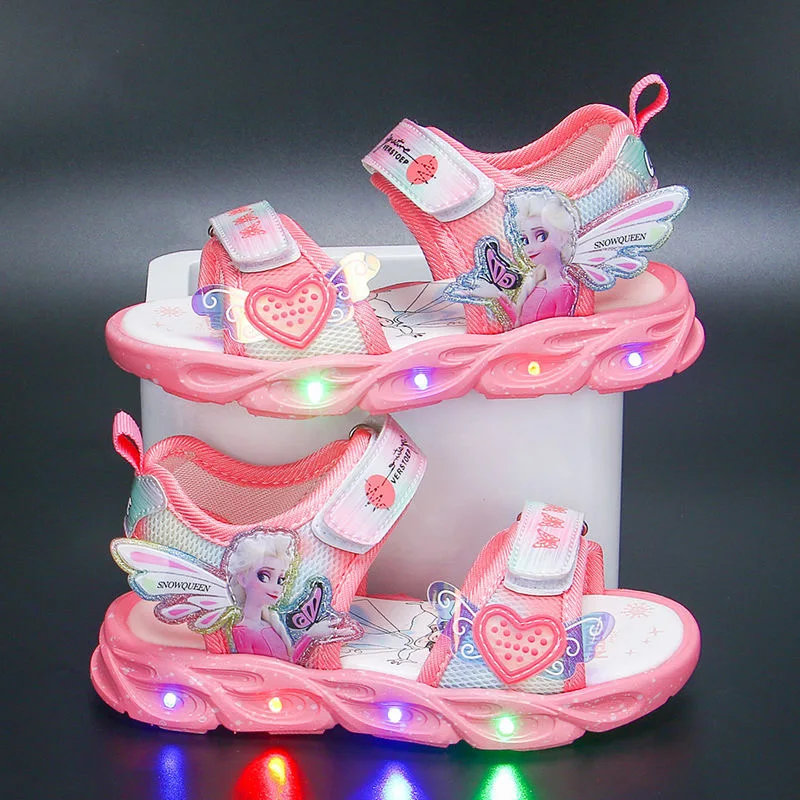 best children's shoes Disney children's shoes summer elsa girls mesh toe sandals beach shoes fashion ins frozen princess soft bottom led light sandals comfortable sandals child Children's Shoes