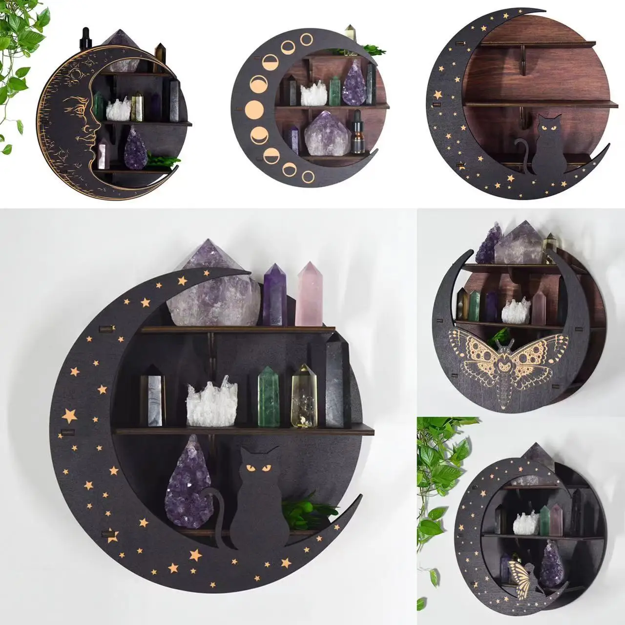 

Moon Phase Cat Moth Elf Crystal Shelf Wood Wall Hanging Storage Display Rack Candle Holder Decor Wall Mounted Bedroom Organizer
