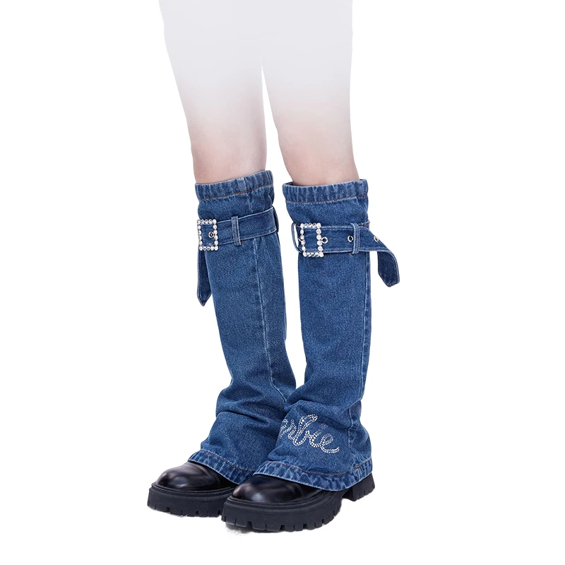 

Barbie Gothic Leg Warmers Knee-Length Buckled Denim Leggings Stylish Lady Blue Women's Stockings Jean Foot Socks for Hot Girls